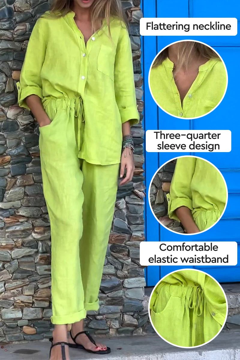 Woman wearing lime green casual chic two-piece set with flattering neckline, three-quarter sleeves, and elastic waistband