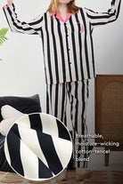 Premium moisture-wicking black and white striped cotton-tencel pajama set on model