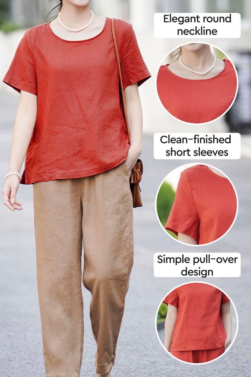 Woman wearing breathable 100% pure linen classic shirt with round neckline and short sleeves in rust color.