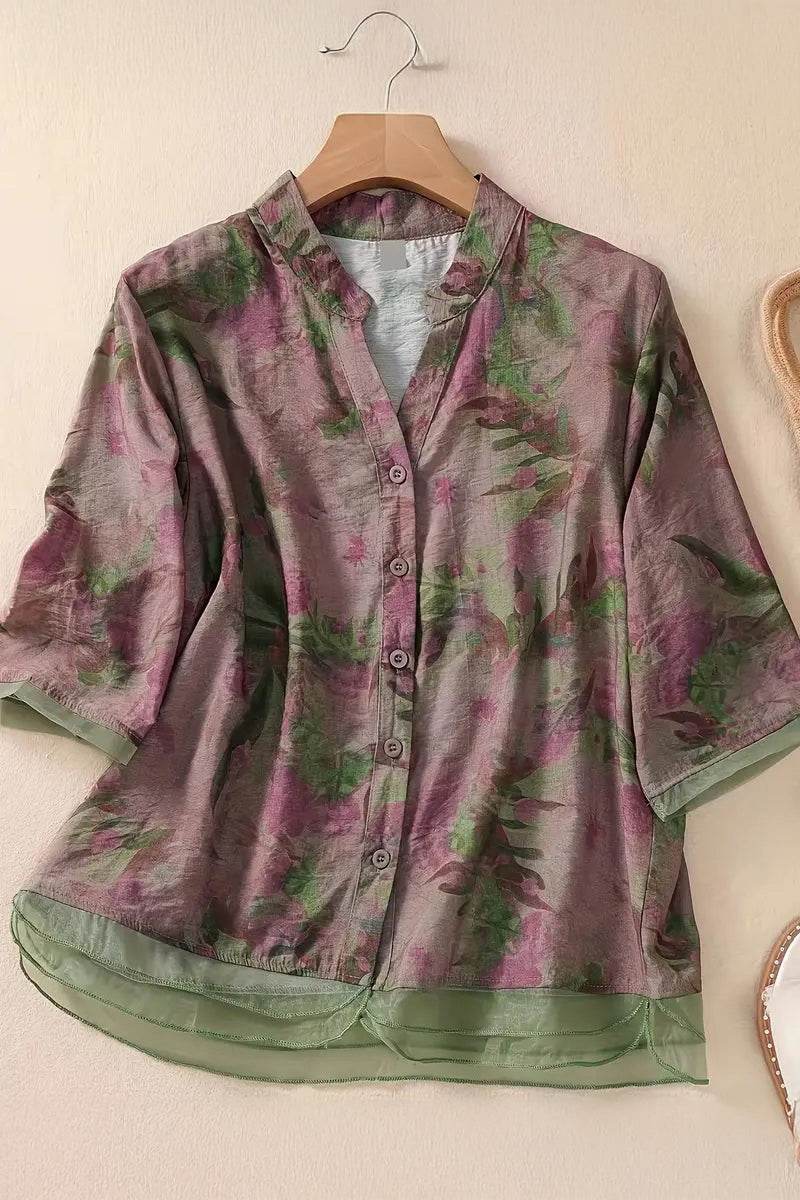 French boutique style organza floral print blouse with lightweight, elegant fabric and delicate flower design