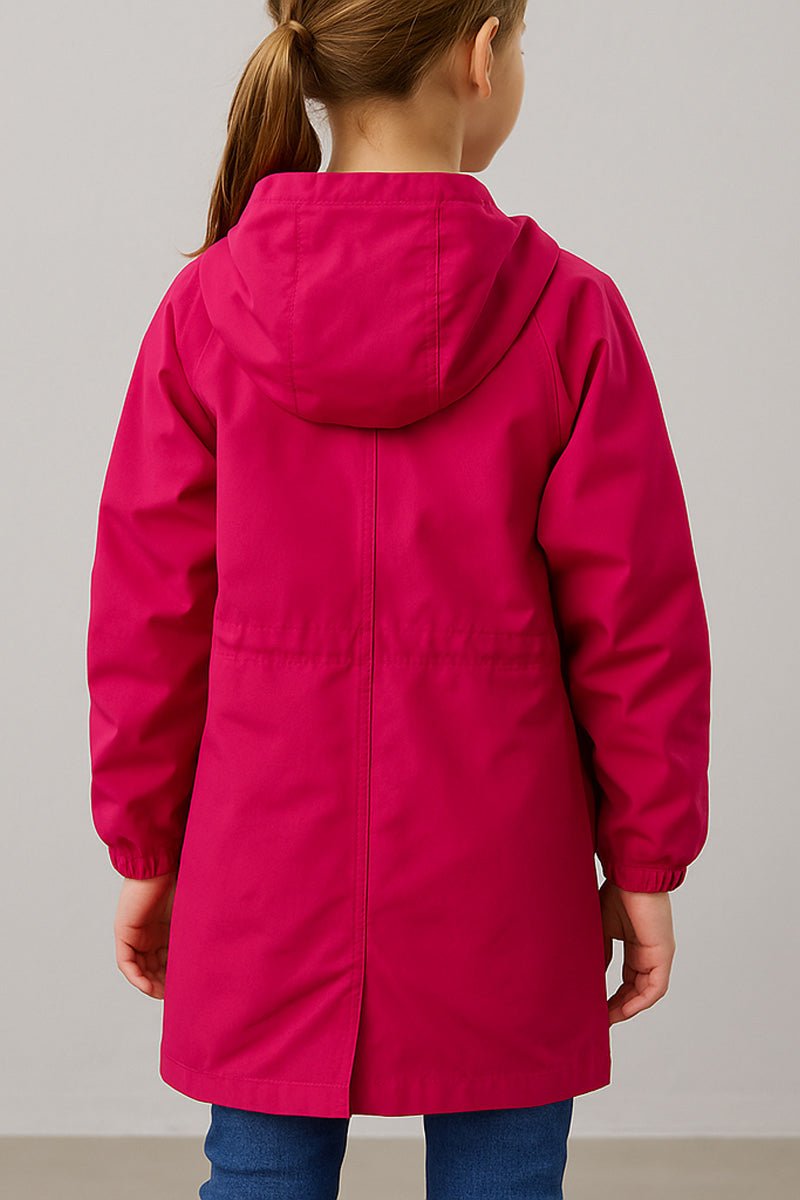 Junior water resistant oversized hooded pink windbreaker rain jacket for kids, back view
