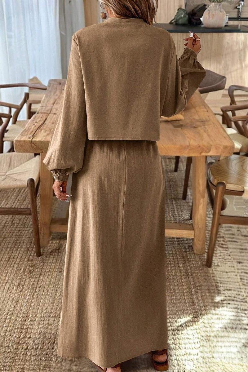 100 cotton long-sleeve crop top and maxi skirt set in brown natural fabric