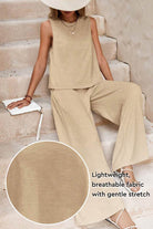 Beige sleeveless wide leg pants set in lightweight breathable fabric with gentle stretch