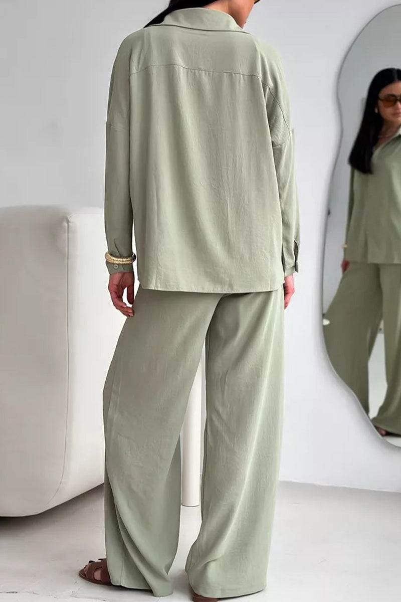 Women's relaxed fit wide-leg two-piece set in light green travel-friendly wrinkle-resistant fabric