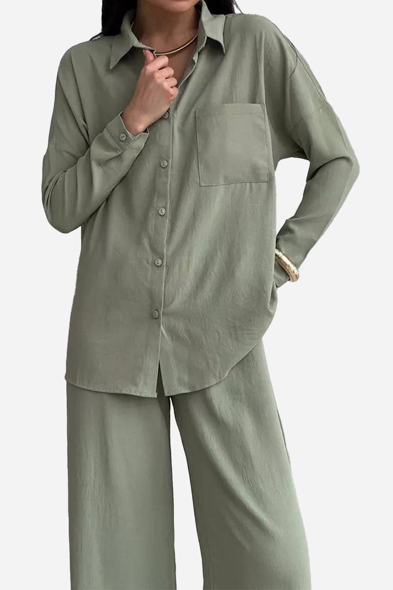 Relaxed fit wide-leg two-piece set in wrinkle-resistant fabric ideal for travel and casual wear