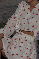 Sweet Countryside 100 Cotton ruffled two-piece set with red heart prints and breathable cotton fabric