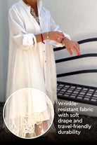 Villa Breeze Dress and Cardigan Set in white with lace trim, wrinkle-resistant and travel-friendly fabric.