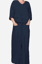 Atelier Serenity Layered Two-Piece Set navy breathable relaxed fit top and wide-leg trousers