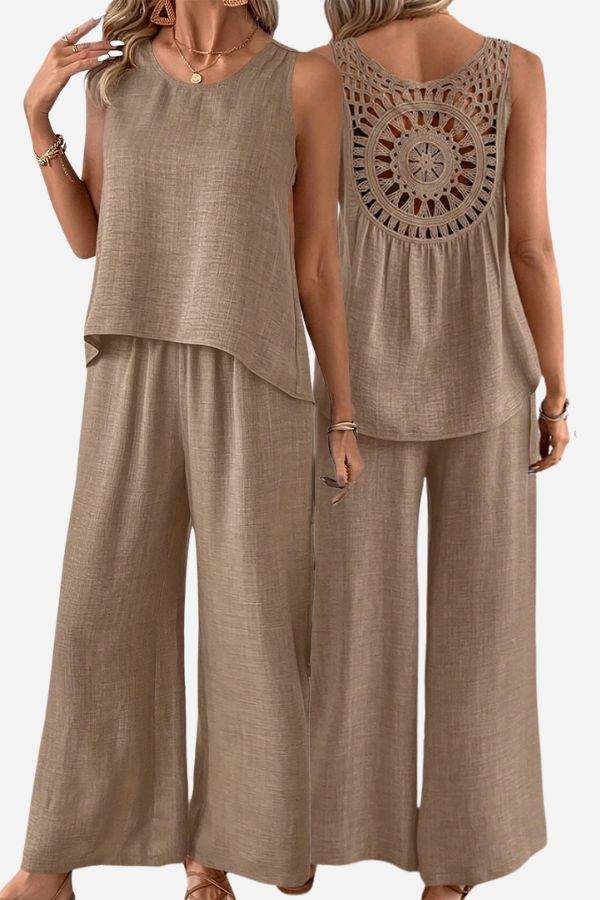 Women’s Dreamcatcher Crochet-Back two-piece set with sleeveless linen-look top and wide-leg palazzo pants in beige