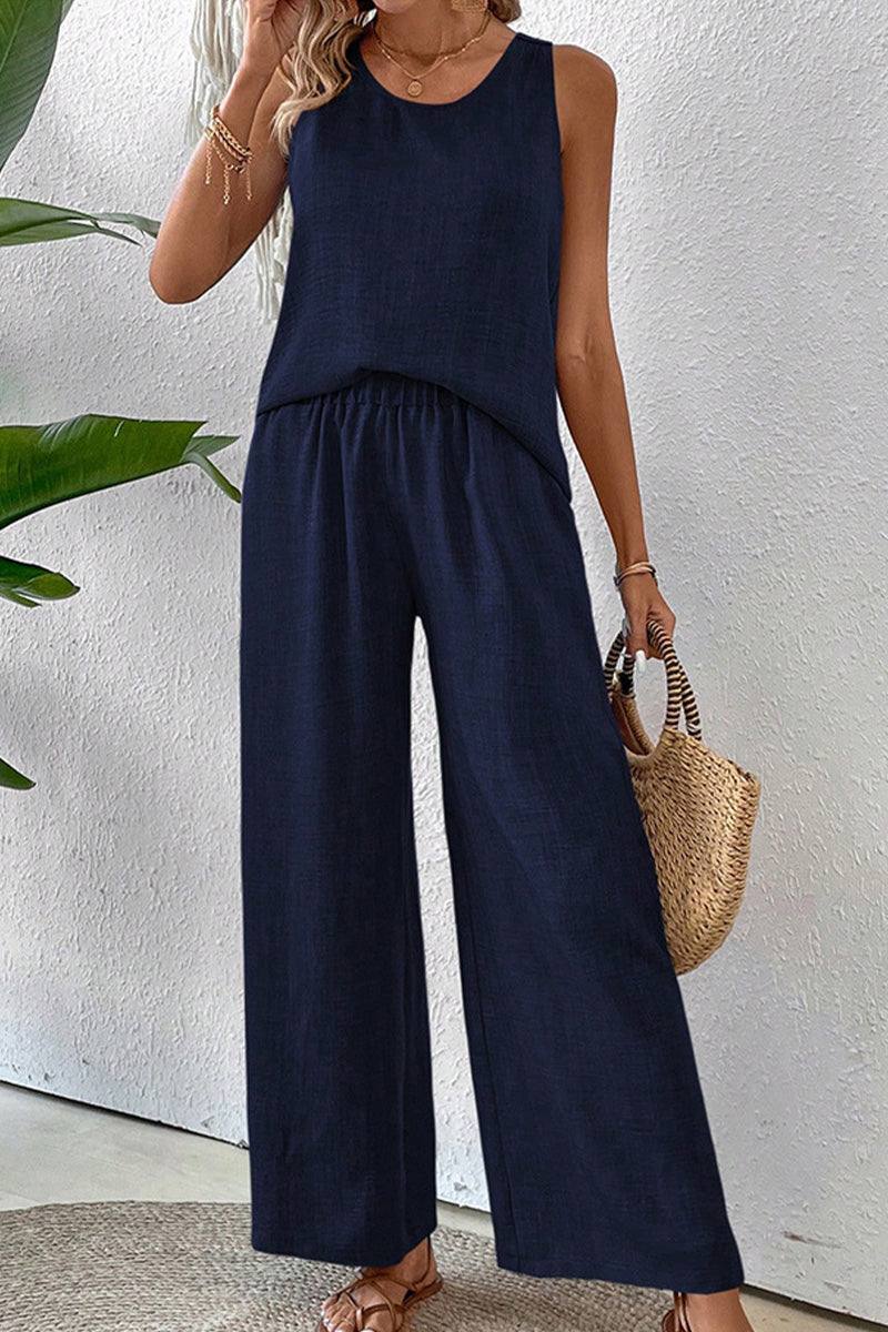 Dreamcatcher Crochet-Back two-piece navy set with sleeveless top and wide-leg palazzo pants