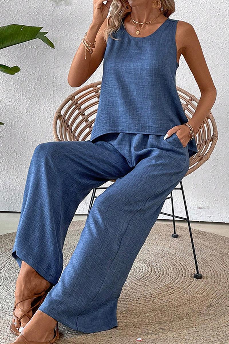 Blue Dreamcatcher Crochet-Back two-piece set with sleeveless top and wide-leg palazzo pants