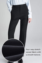 Black professional retro stretch trousers with high waist and straight-leg fit showing four-way stretch fabric texture