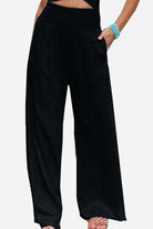 Black linen-cotton blend palazzo pants from Linen Breeze Set, breathable and soft summer wear.