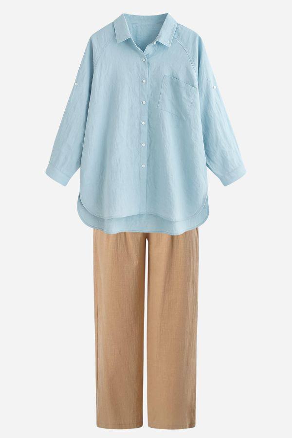 Linen Breeze Set featuring breathable light blue linen-cotton shirt with beige high-waist pants for summer comfort and style