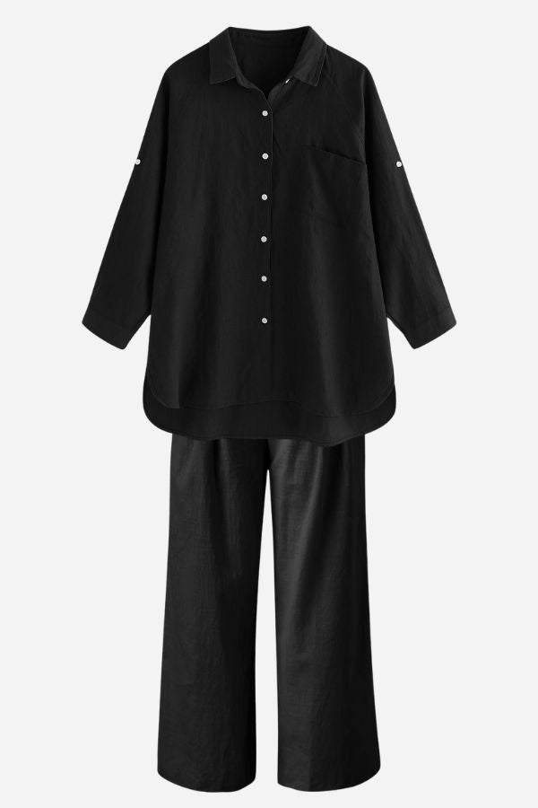 Black Linen Breeze Set with breathable linen-cotton blend shirt and high-waist pants for summer comfort and style