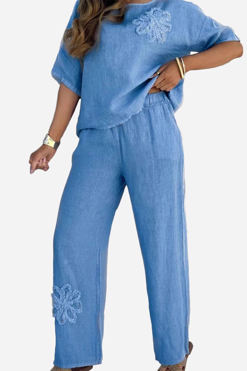 Blue breathable two piece set with floral embroidery and relaxed fit for all-day comfort