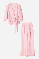 Breathable cotton-linen pink wrap top and wide leg pants set for comfortable warm weather wear