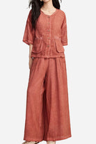 100 linen stone-washed sunset breezy set with button-up top and wide-leg pants in earthy tones