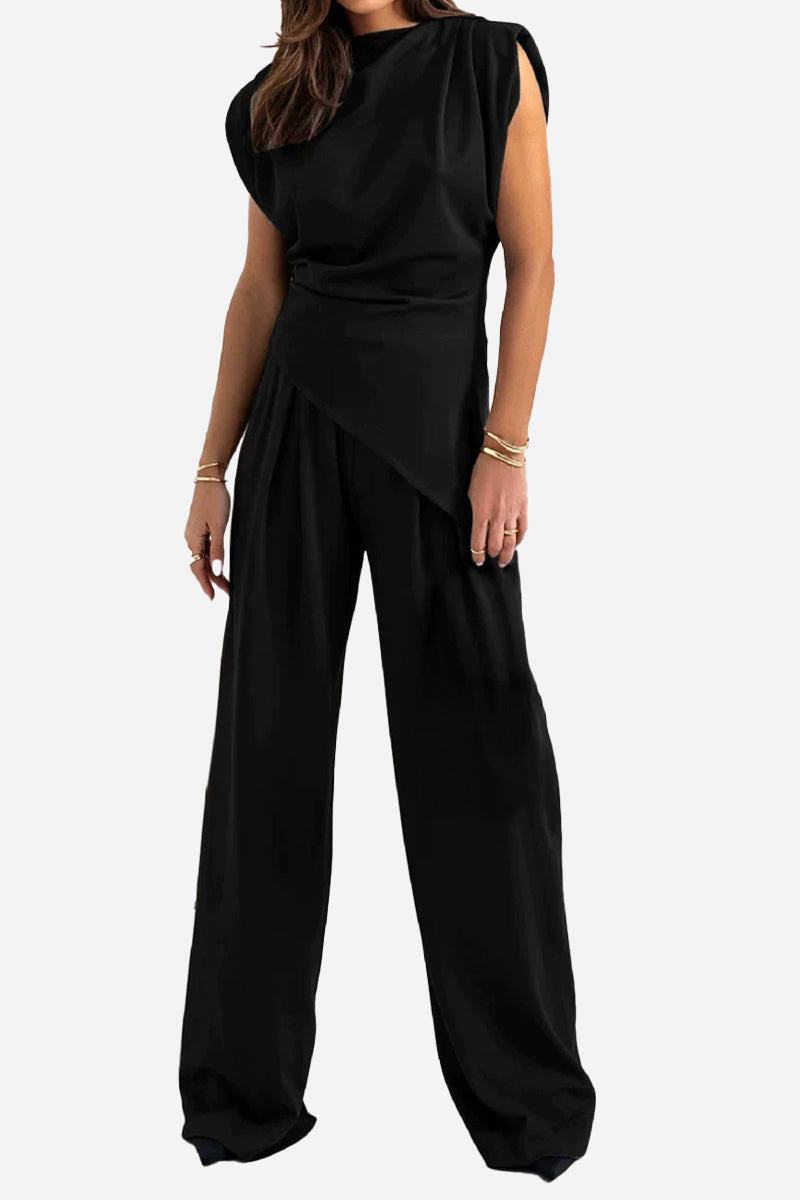 Black Manhattan Lines Draped sleeveless two-piece set with asymmetrical top and wide-leg pants