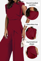 Manhattan Lines Draped two-piece set in burgundy with sleeveless asymmetrical draped top and wide-leg pants