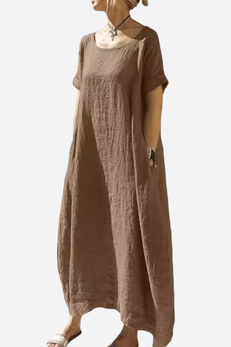 Brown Breeze Cocoon Dress with rolled sleeves and deep side pockets in relaxed maxi silhouette
