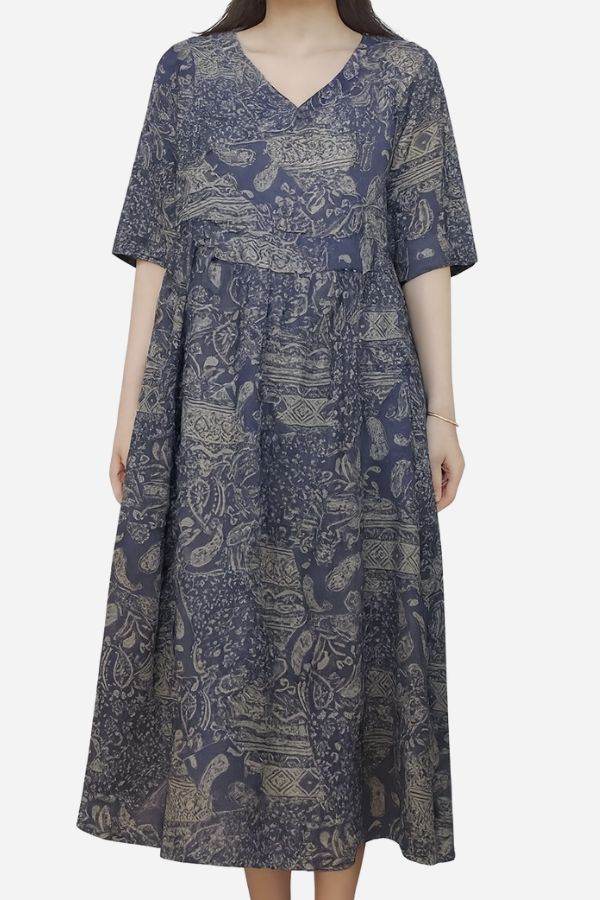Beachside Bookstore cotton linen midi dress with vintage paisley pattern and relaxed fit