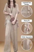 Provence Cotton Linen blend set with layered top and wide-leg pants in beige breathable fabric