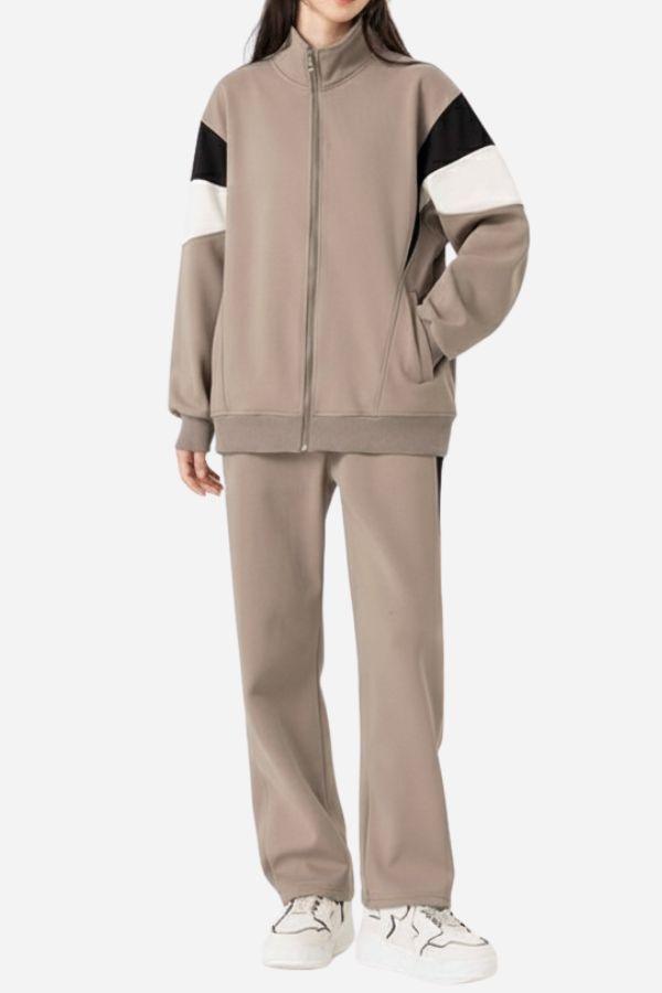 Comfort in Motion lightweight athleisure tracksuit set with zip-up jacket and matching pants in taupe with black and white accents