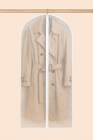Waterproof dustproof clothing cover protecting beige trench coat on hanger against beige background