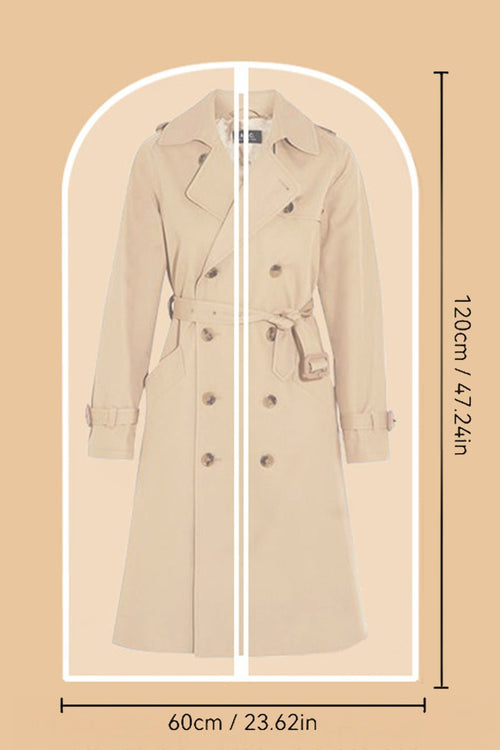 Waterproof dustproof clothing cover protecting a beige trench coat with full-length zipper and dimensions 60cm by 120cm
