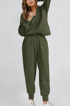 Unisex half-zip pullover and sweatpants set in olive green for cozy casual wear