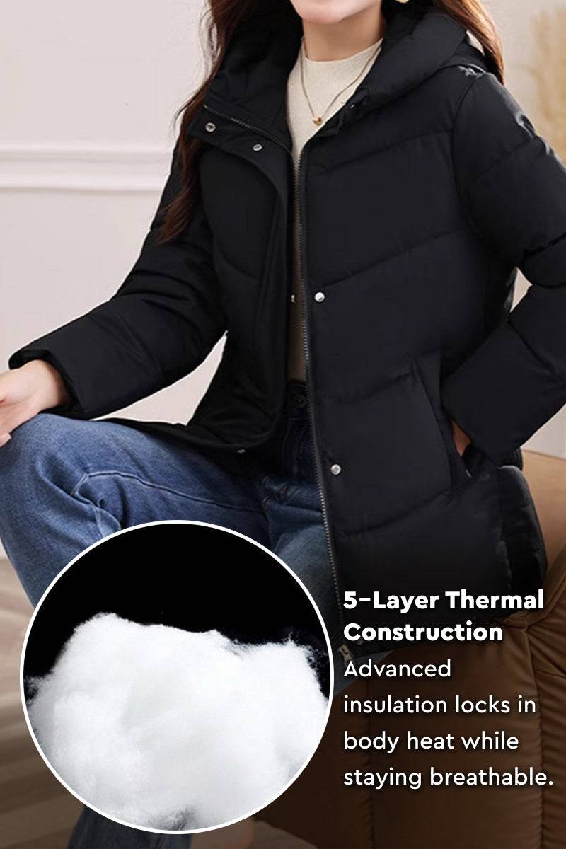 Everyday Warmth Coat black mid-length hooded coat with 5-layer thermal insulation and wind-resistant shell