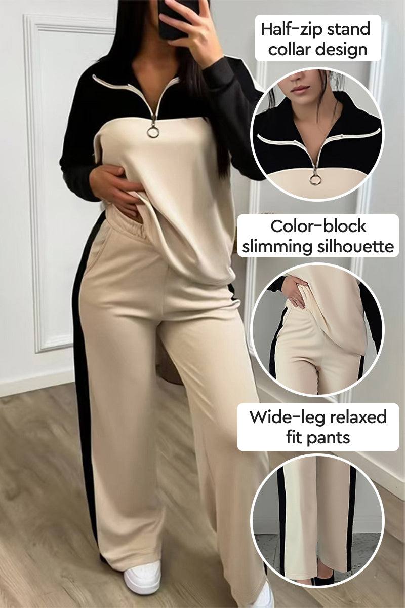 Woman wearing Colorblock Comfort Leisure Set with half-zip stand collar and wide-leg pants in beige and black colorblock design