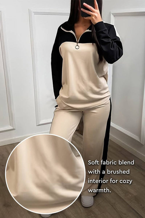 Colorblock Comfort Leisure Set in beige and black with half-zip top and wide-leg pants in soft winter-weight fabric