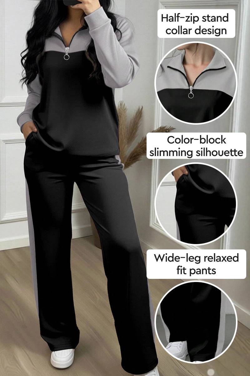 Woman wearing Colorblock Comfort Leisure Set with half-zip stand collar, color-block slimming top, and wide-leg relaxed fit pants