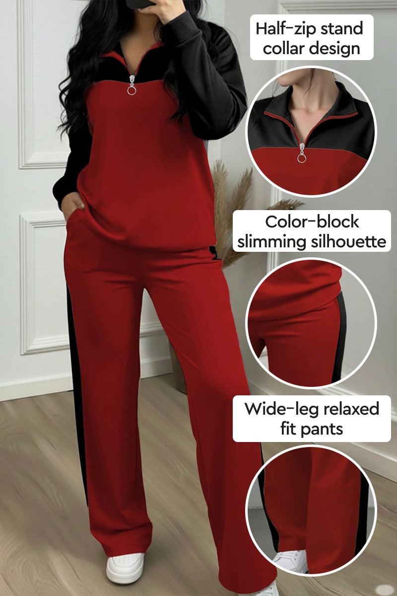 Red and black Colorblock Comfort Leisure Set with half-zip stand collar and wide-leg pants.