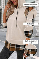 Women's Countryside Layered Hoodie with built-in plaid hem and drawstring hood, cozy velvet-touch fabric, relaxed fit and side slits.