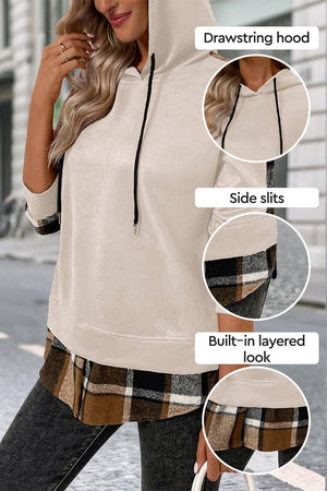 Women's Countryside Layered Hoodie with built-in plaid hem and drawstring hood, cozy velvet-touch fabric, relaxed fit and side slits.