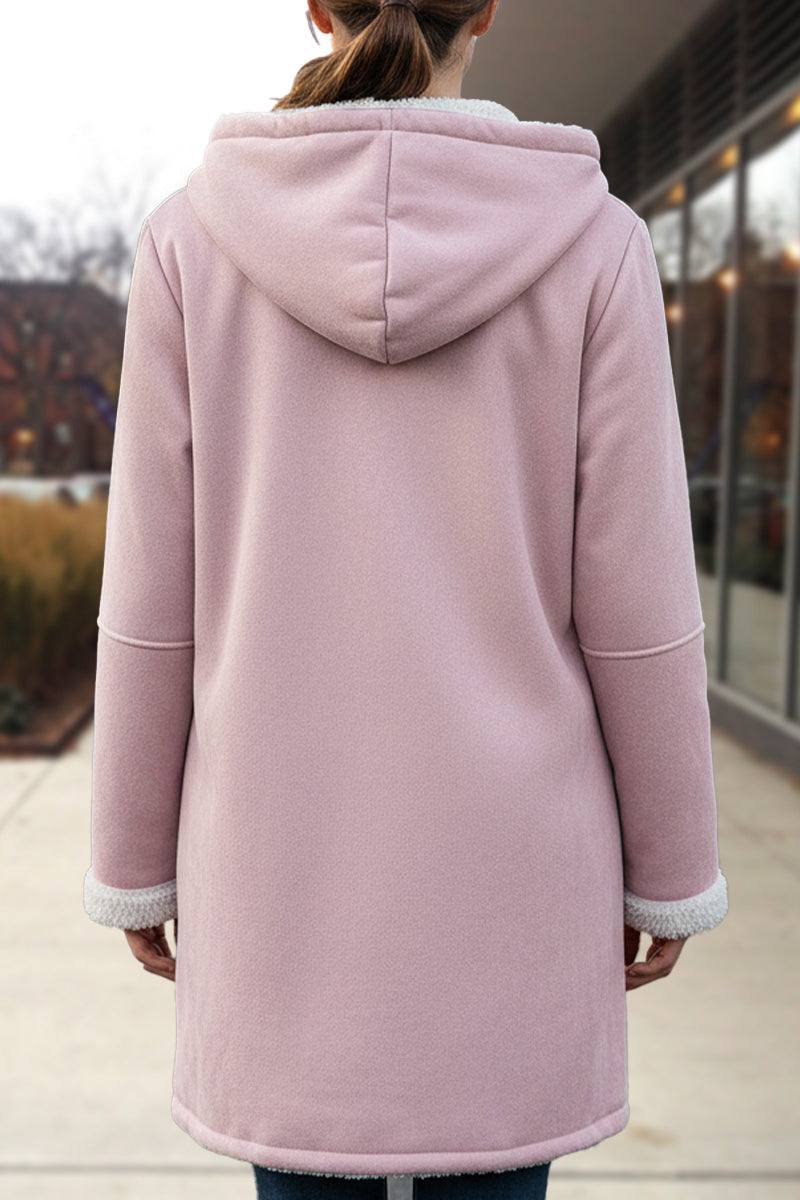 Back view of warm toggle button hooded coat with plush sherpa lining in soft pink color