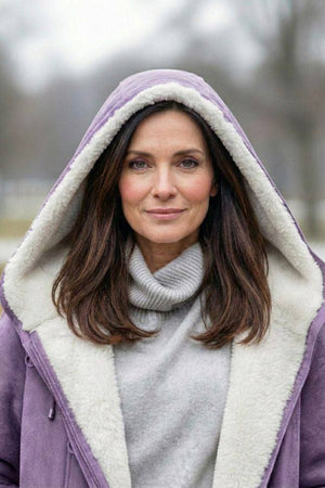 Woman wearing a lavender warm toggle button hooded coat with sherpa lining and hood outdoors