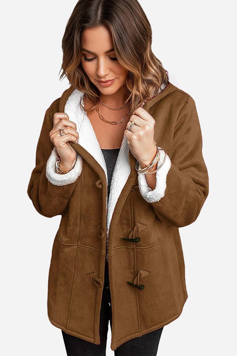 Brown warm toggle button hooded coat with soft faux suede exterior and plush sherpa lining