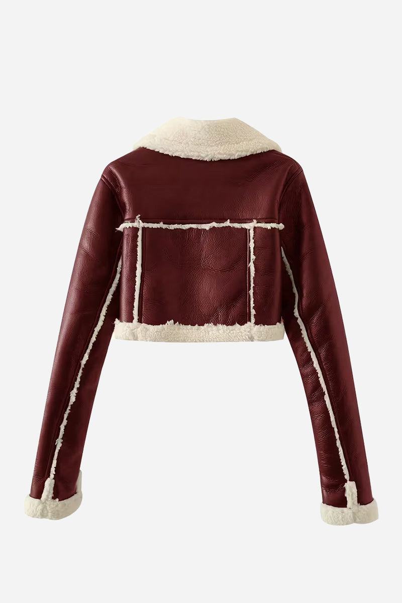 Cropped faux leather sherpa jacket in burgundy with cream sherpa trim and full lining.