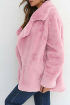 Pink open front oversized faux fur jacket with draped shawl collar and relaxed fit