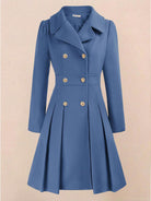 Fit & Flare Trench Coat with tailored waist, A-line silhouette, double-breasted buttons, and smooth satin lining.