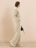 Nano-Fleece Zip Two-Piece Set with hip-length jacket and wide-leg pants in soft wrinkle-resistant fabric