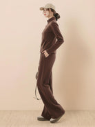 Nano-Fleece Zip Two-Piece Set with hip-length jacket and wide-leg pants in soft, wrinkle-resistant fabric