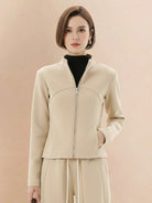 Women’s nano-fleece zip two-piece set with hip-length jacket and wide-leg pants in soft, wrinkle-resistant fabric