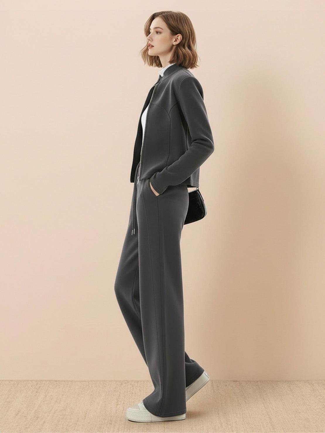 Nano-Fleece Zip Two-Piece Set with hip-length jacket and wide-leg pants in soft, wrinkle-resistant fabric