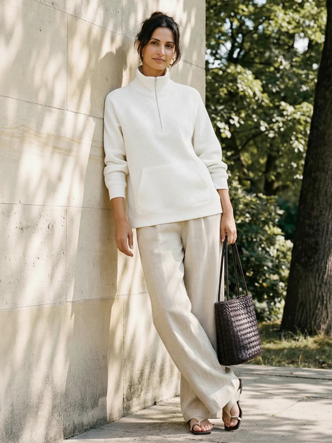 Half-Zip waffle pullover with fold-over collar, kangaroo pocket, and textured knit for warmth and comfort