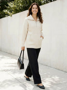 half-zip waffle pullover with fold-over collar and kangaroo pocket in neutral tones